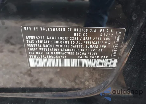 2013 Volkswagen Jetta 2.0L Tdi из США, поврежденный, VIN 3VWLL7AJ8DM358757